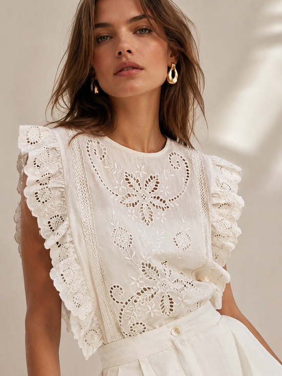 Joie Tops - Joie Ivory Eyelet Embroidered Flutter Sleeve Cotton Blouse NWT Medium
